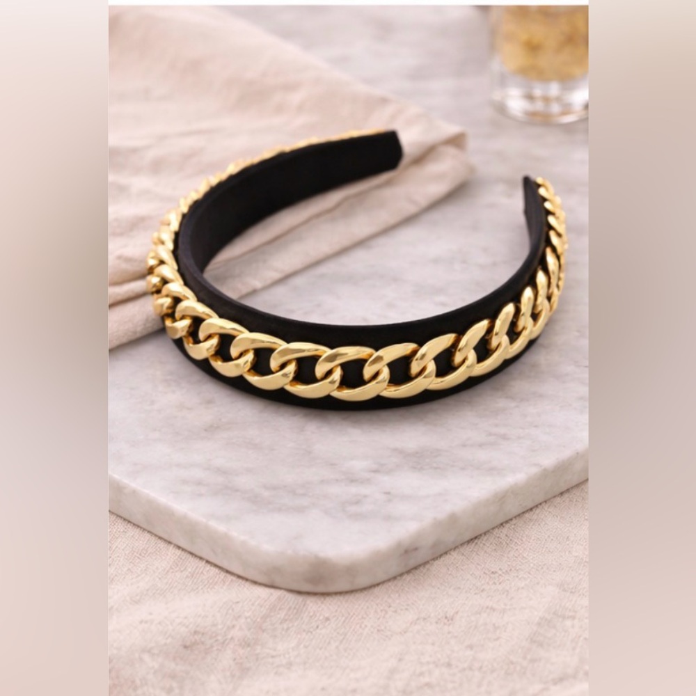 Chic Black Padded Headband w Gold Chain Detail Designer-Inspired Statement Piece - Picture 4 of 7